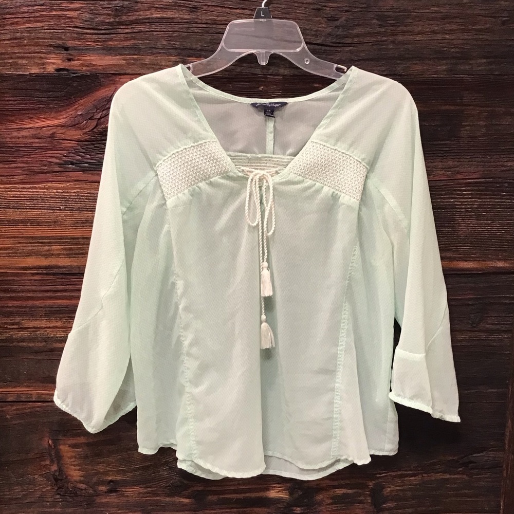 American Eagle Semi Sheer Peasant Blouse Baby Doll SZ L Tassels